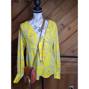 Yellow Nautical Rope Anchor Print Tie Front V-Neck Long Sleeve Blouse Top Women